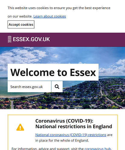 Homepage of essex.gov.uk when font size is increased to 200%