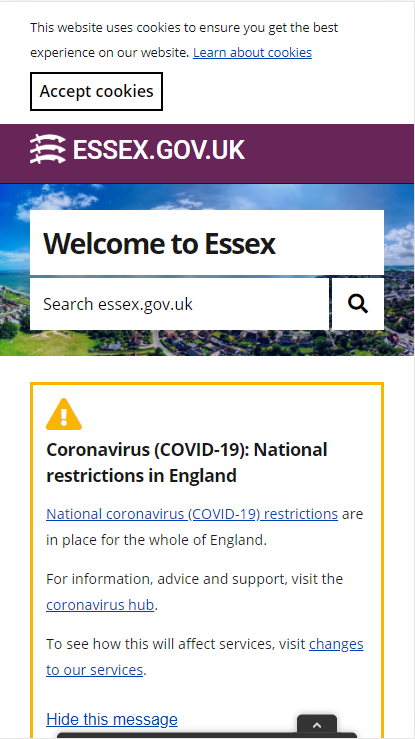 Homepage of essex.gov.uk when zoomed in to 400%